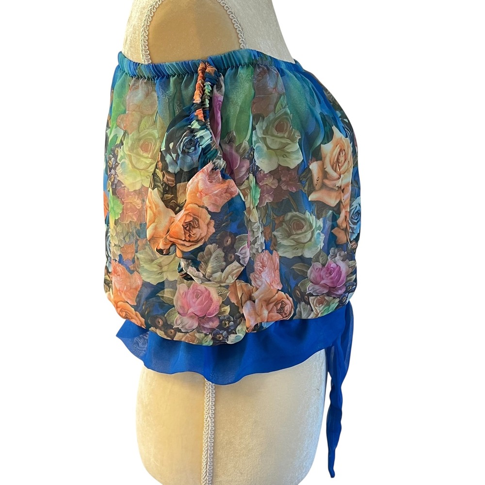 Floral Chiffon Off Shoulder Crop Top Tie Front Blouse Summer Boho Women's XS - Picture 13 of 16